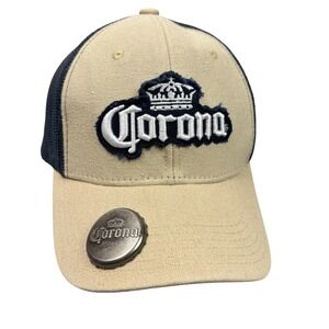 Corona Beer Stylish Hat Tan Navy Mesh Snapback Cap Metal Logo Bottle Opener OSFM